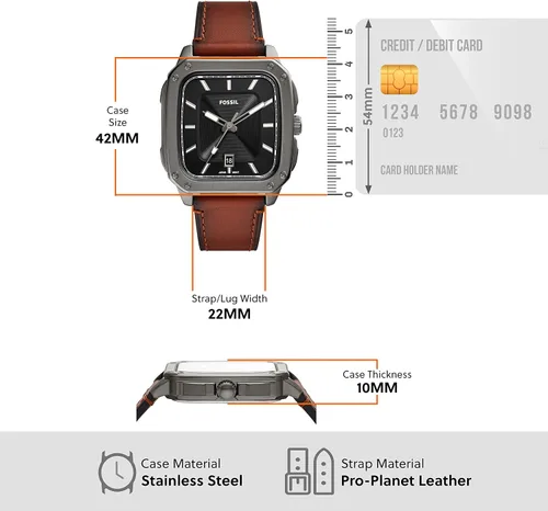 Vista 5 de Fossil Reloj cuadrado de acero inoxidable con inscripción de cuarzo para hombre