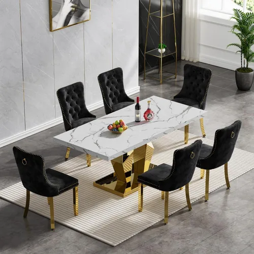Vista 102 de Juego de mesa de comedor de mármol sintético, 7 piezas, juego de mesa de cocina y comedor para 6, mesa de comedor rectangular blanca de 70 pulgadas