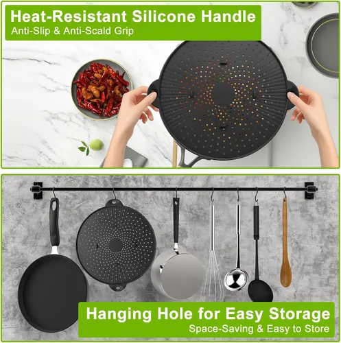 Vista 5 de Pantalla de silicona de 13" para sartén - Protector de salpicaduras de Mango resistente al calor, multiuso, protector contra salpicaduras de aceite