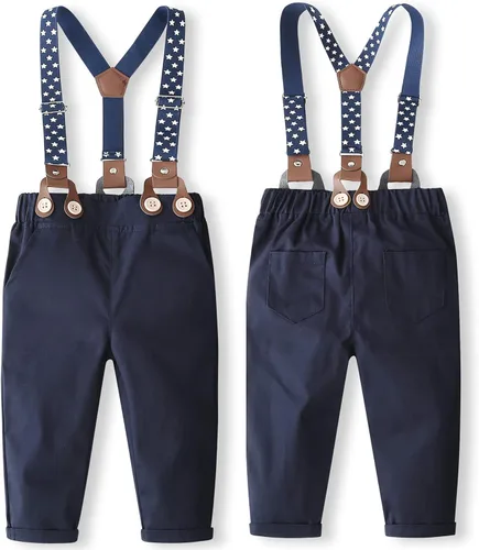 Vista 5 de SALNIER Conjunto de ropa de traje de bebé niño esmoquin trajes de caballero trajes de corbatín camisa tirantes pantalones boina sombrero 0-24M
