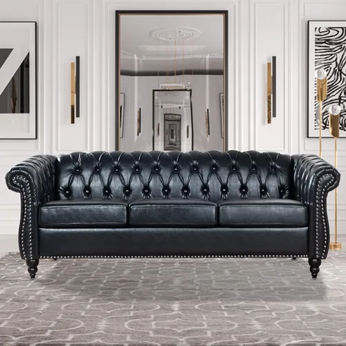 Vista 9 de Chesterfield Sofás para sala de estar, brazo enrollado negro de 3 plazas, cuero sintético de 84 pulgadas, sofá grande con botón profundo con cabeza