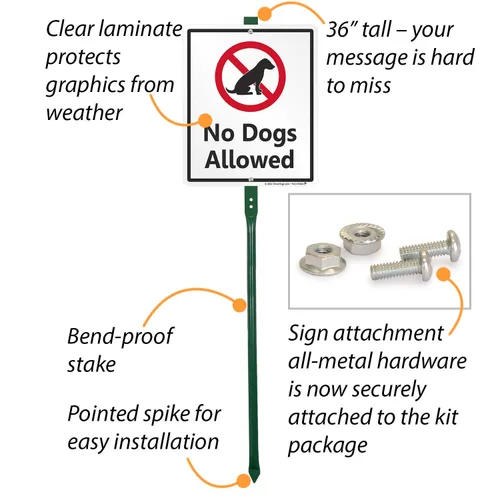 Vista 4 de SmartSign Letrero LawnBoss® con texto en inglés "No Dogs Allowed", letrero de aluminio de 10 x 12 pulgadas con estaca de 3 pies