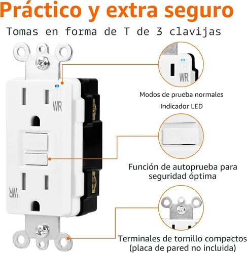 Vista 2 de Amazon Basics Receptáculo GFCI resistente a la intemperie con indicador LED, resistente a manipulaciones, protección contra fallas a tierra, 15