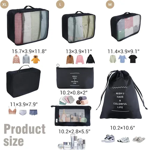 Vista 2 de Organizadores de embalaje de viaje, juego organizador de 7 piezas, accesorios de viaje esenciales de viaje para equipaje de mano, juego organizador
