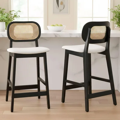 Vista 18 de ROCITY - Juego de 2 taburetes de ratán negro, taburetes de bar de madera de granja, taburetes de bar tapizados, sillas de isla de cocina