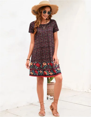 Vista 5 de Sherosa - Vestido de verano sin mangas o con manga corta, estampado floral, con bolsillos, casual, suelto, con vuelo, vestido estilo camiseta