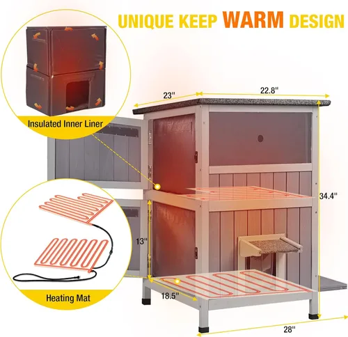 Vista 6 de Casa para gatos con calefacción Casa para gatos al aire libre Aislada Refugio para gatos callejeros con almohadilla térmica - Gran condominio