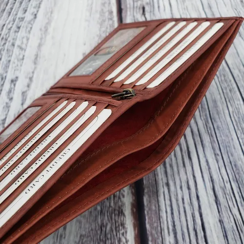 Vista 7 de ag wallets Billetera bifold europea de piel auténtica RFID para hombre, 2 ventanas de identificación, Borgoña
