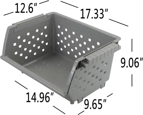 Vista 3 de Paquete de 4 cestas de almacenamiento desmontables apilables, contenedores apilables para organizar, color gris