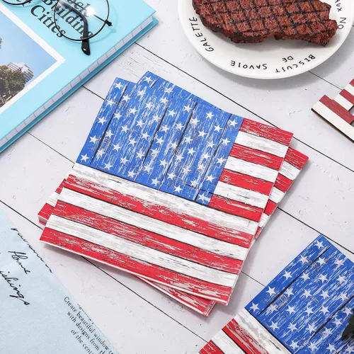 Vista 7 de Whaline 80 servilletas de papel patrióticas desechables del 4 de julio, servilletas rústicas con bandera estadounidense con estrellas y rayas