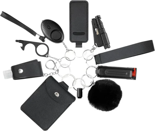 Vista 2 de XGLIAO Juego de llaveros para mujer con alarma, llavero de seguridad 9 en 1, regalo para mujeres y niñas, mamá, hija (negro)