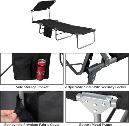 Vista 5 de Giantex Silla bronceadora, tumbona de patio con 5 posiciones ajustables, toldo de sombra, bolsillo de almacenamiento, cuna de campamento, sillón
