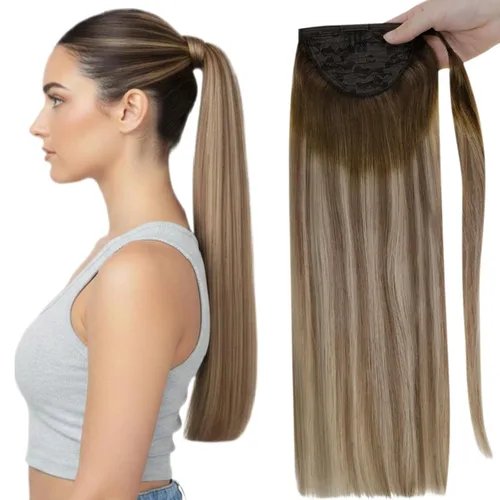 Vista 24 de Extensiones de cabello Full Shine con clip para cola de caballo, cabello humano, tonos medios marrones y rubio miel, envoltura alrededor de la cola