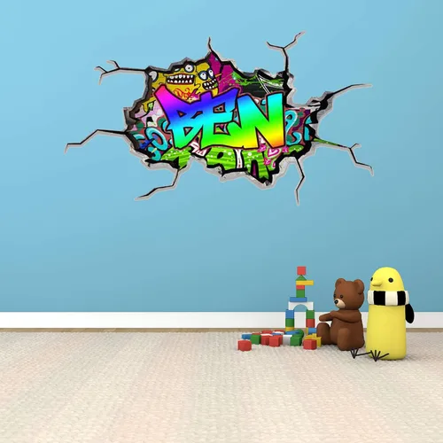 Vista 2 de Calcomanía de pared personalizada con nombre de graffiti 3D, calcomanía decorativa de vinilo artística personalizada, extraíble, despegar y pegar