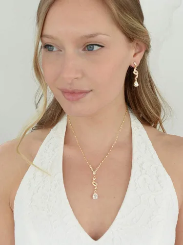 Vista 4 de Mariell Graceful - Juego de collar y aretes de lágrima de oro de 14 quilates, para novia, dama de honor y baile de graduación, Metal Gema, Circonita