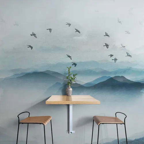 Vista 3 de Papel tapiz para guardería. Papel tapiz de pájaros que vuelan sobre la montaña. Papel tapiz removible, pintura de acuarela de vista de montaña.
