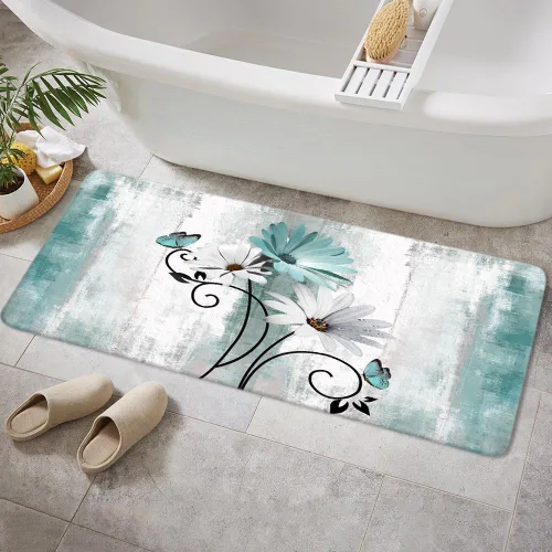 Vista 15 de Alfombra de baño rústica de granja, diseño de margaritas y mariposas en madera de campo, tapete de baño de madera color gris, blanco, azul marino