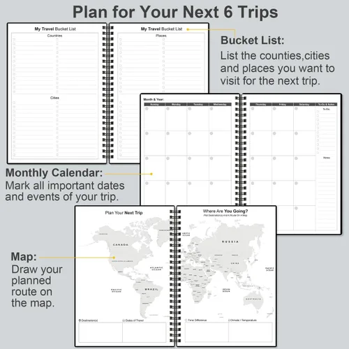 Vista 3 de Diario de viaje para mujeres y hombres, organizador de viajes de vacaciones y carretera, cuaderno de viaje para 6 viajes, planificador de viajes