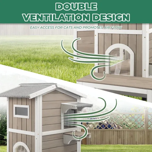 Vista 7 de Casa para gatos al aire libre resistente a la intemperie, casa de madera para gatos de dos pisos con techo que se puede abrir, 4 puertas, balcón