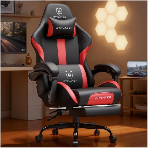 Vista 20 de GTPLAYER Silla de juegos con cojín de resorte de bolsillo, silla de oficina de cuero con respaldo alto ergonómico y soporte lumbar para aliviar