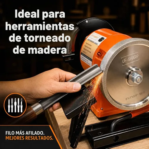 Vista 2 de Rueda de molienda CBN UF-SHARP de 8 pulgadas, grano 80, 1" de ancho, eje de 5/8", adecuada para todo tipo de amoladoras de banco de 8 pulgadas