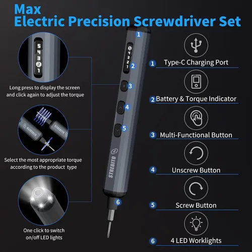 Vista 3 de STREBITO Juego Mini de Destornilladores Eléctricos, Kit de Destornillador Eléctrico de Máxima Precisión 70-en-1 con Luces, 5 Niveles de Par