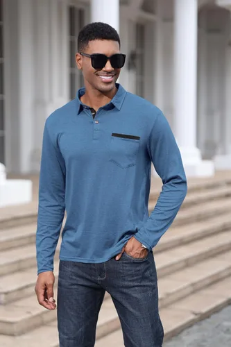 Vista 2 de Polo de algodón clásico de manga larga con botones térmicos y bolsillo para hombre