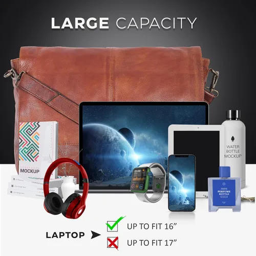 Vista 2 de Bolso de mensajero de cuero real para hombres y mujeres Maletín para laptop para oficina universidad correa de hombro ajustable