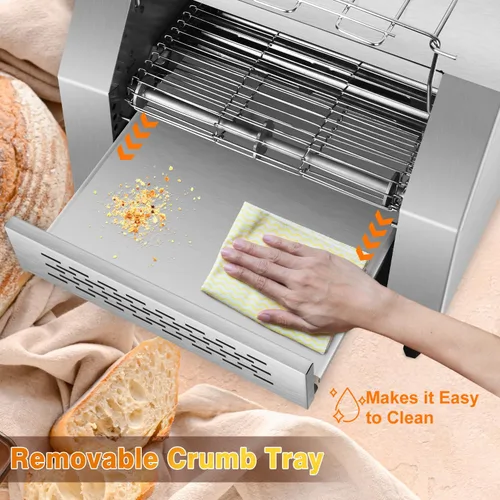 Vista 7 de Tostadora comercial de 300 rebanadas/hora 1900 W, tostadora industrial de alta resistencia, horno eléctrico de acero inoxidable con tubo