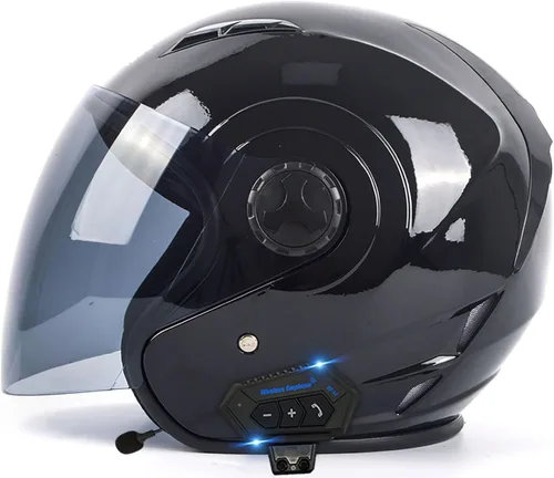 Vista 17 de Casco Bluetooth para motocicleta 3/4, casco retro abierto con visera solar, casco de moto Jet para hombres y mujeres adultos, casco aprobado por DOT