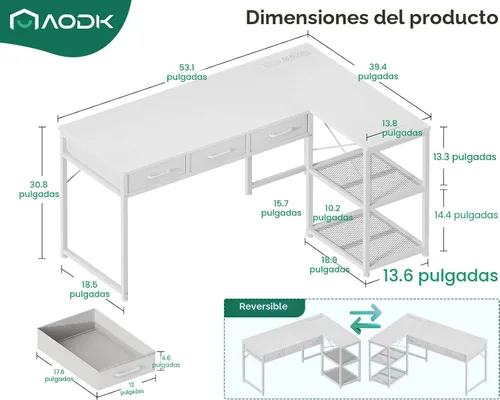 Vista 2 de AODK - Escritorio de computadora en forma de L de 53 pulgadas con cajones, con tomas de corriente y estantes de almacenamiento, soporte móvil