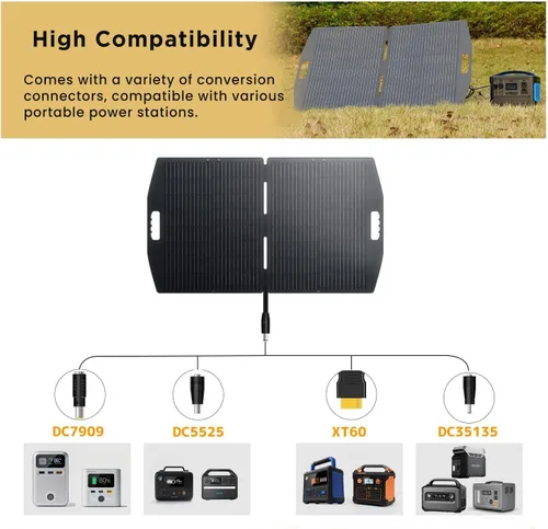 Vista 5 de LVYUAN Panel solar portátil de 100 W para estación de energía, panel solar plegable 23.5% monocelda con ETFE, IP65 P-PERC con adaptador 4 en 1