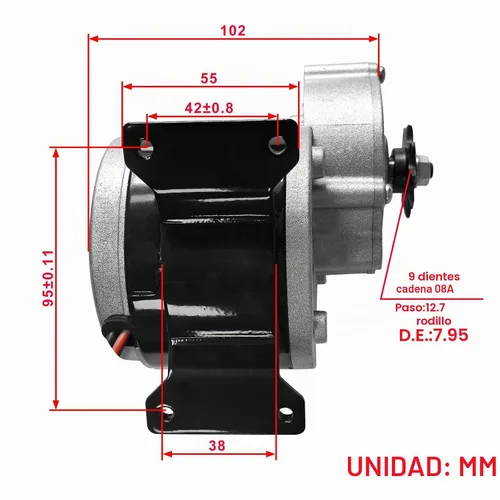 Vista 3 de Motor de reducción de engranajes DC 12V 250W con piñón de 9 dientes, motor cepillado MY1016Z2 para scooter E, sillas de ruedas eléctricas