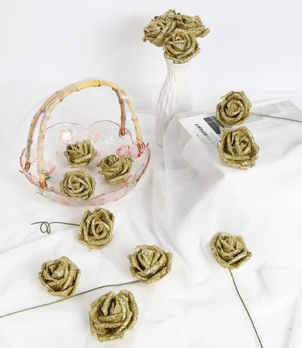 Vista 2 de 30 rosas doradas con purpurina, rosas artificiales de espuma dorada de 2.56 pulgadas con tallos para centros de mesa de despedida de soltera, ramo