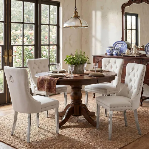 Vista 22 de SoarFlash Juego de 2 sillas de comedor de terciopelo, silla lateral de respaldo alto, silla lateral moderna tapizada de alta gama con botones Beige