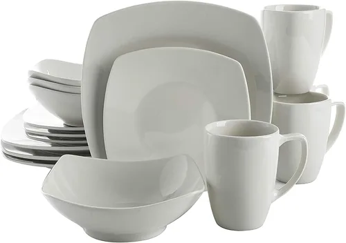 Vista 2 de Gibson Home 102539.16RM - Juego de vajilla cuadrada de porcelana clásica de 16 piezas con platos, cuencos y tazas de varios tamaños, color blanco