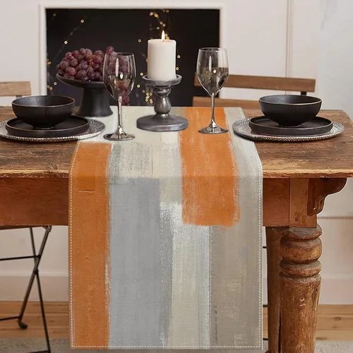 Vista 19 de Emvency - Camino de mesa de estilo granja, pintura de arte abstracto vintage en azul y gris para mesa de cocina, cenas familiares, fiestas, bodas
