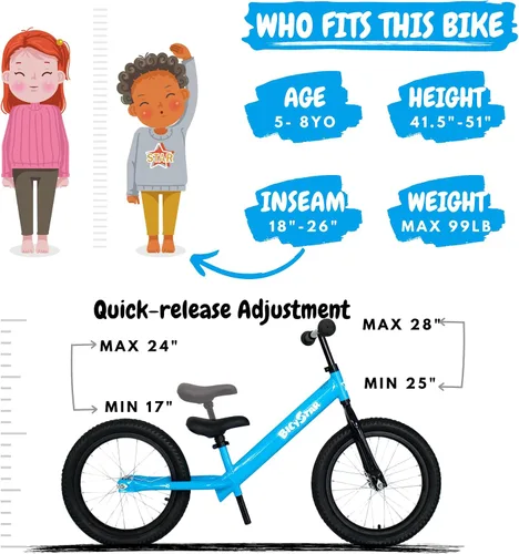 Vista 2 de Bicystar Bicicleta de equilibrio para niños de 16 pulgadas para niños de 5 a 8 años, sin pedales, neumáticos de aire, reposapiés, altura ajustable