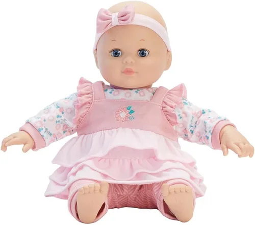 Vista 9 de Madame Alexander Muñeca Bebé Cuddles de 14 Pulgadas con Biberón, Rosa Floral, Tono de Piel Oscuro