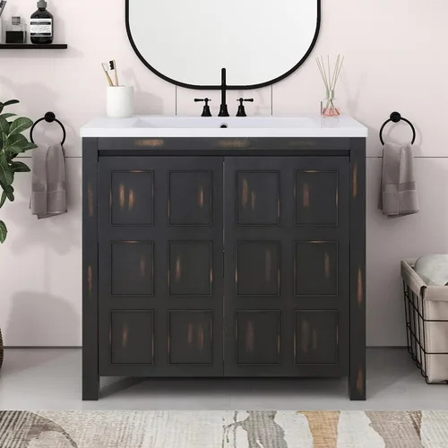 Vista 6 de LUMISOL Vanidad de baño de 36 pulgadas con fregadero de cerámica, armario de almacenamiento de baño de madera maciza con 2 puertas, tocador de baño