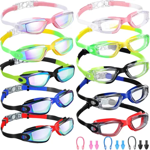 Vista 11 de Konohan Paquete de 10 gafas de natación a granel para niños y adultos, gafas de piscina antivaho de silicona sin fugas, gafas de natación