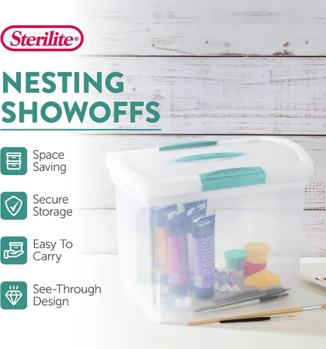 Vista 3 de Sterilite Papelera apilable grande de almacenamiento ShowOffs, organizador con cierre con asa, caja de plástico para organización de archivos