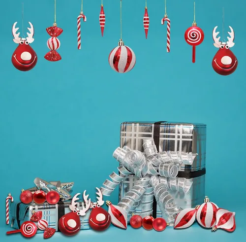 Vista 7 de 24 adornos de bolas navideñas para árbol, bastones de caramelo con alces navideños, bolas colgantes para árbol de Navidad, bolas decorativas