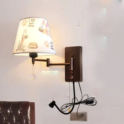 Vista 3 de Lámpara de pared con cadena de tracción e interruptor de botón enchufable, brazo oscilante, aplique de pared E26/E27 para dormitorio, mesita