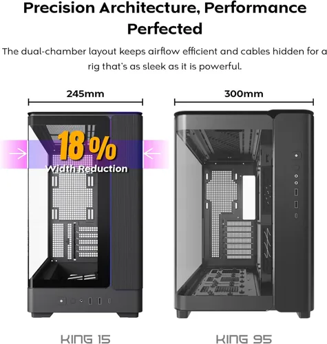 Vista 3 de Chasis para PC Montech King 15 Micro-ATX, vidrio panorámico curvo, enfriamiento de flujo de aire tipo chimenea, diseño de cámara dual, soporte