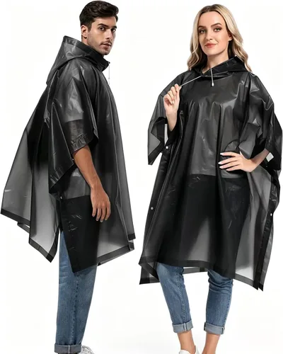 Vista 8 de Ponchos de lluvia reutilizables con capucha con cordón para adultos, abrigo de lluvia grueso impermeable, 2 paquetes Blanco 2 piezas (White (2-Pack))