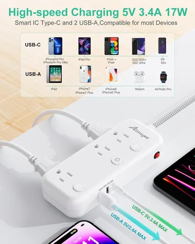 Vista 3 de Protector contra sobretensiones de regleta de alimentación de interruptor individual, 6 tomacorrientes 3 USB, cable de 5 pies Individual
