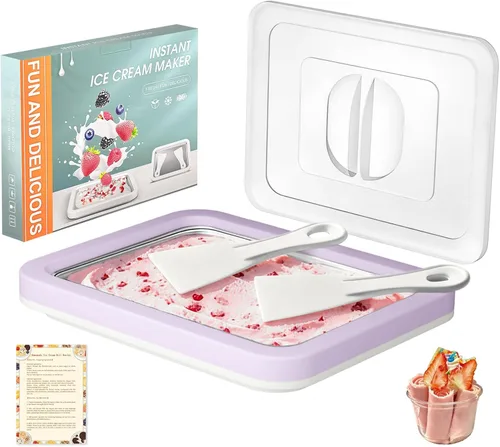 Vista 10 de Kit para hacer helados enrollados con tapa, 2 espátulas y guía de recetas - Bandeja de congelación instantánea para helado casero, actividades Verde