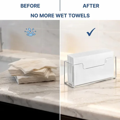 Vista 8 de Bandeja Soporte de Toallas de Invitados de Acrílico para Baño – Soporte Vertical para Toallas de Papel para Toallas de Mano Desechables, Organizador