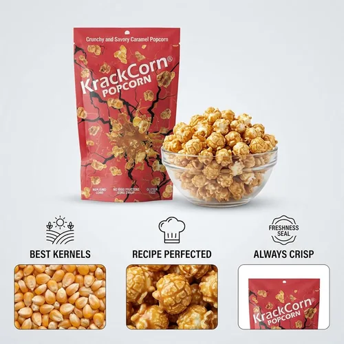Vista 2 de KrackCorn Palomitas de maíz de caramelo, sin OMG, sin gluten, sin alta fructosa, sin culpa, delicia nocturna de película no grasa, 1.25 onzas